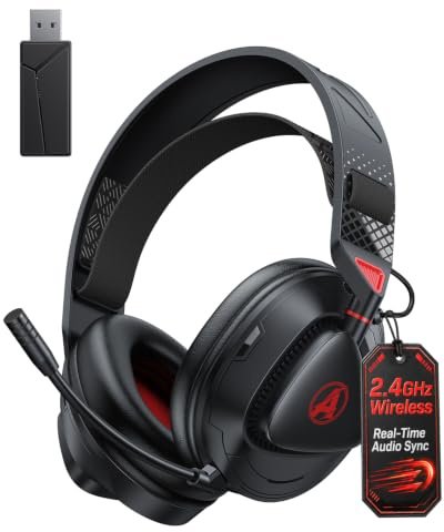 Gaming Headset Wireless für PS5 PS4 PC MAC Handy, 2.4Ghz(USB & Typ-C)+ BT | Niedriger Latenz(≤20 ms),50H Akku, LED-Licht, Surround Sound, Noise-Cancelling-Mikrofon, Verstellbare, Leicht,Hellrot