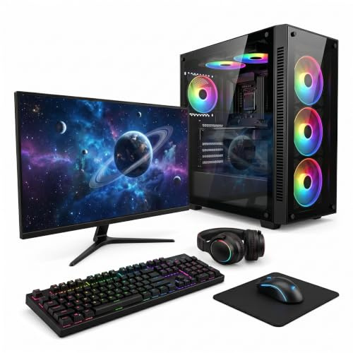 Computek High-Airflow 6-Fan RGB Gaming Desktop PC Setup | core i5, Dedicated Graphics, 16GB RAM, 256GB SSD + 1TB HDD | Includes 22 Monitor & Accessories | Windows 11 Plug & Play