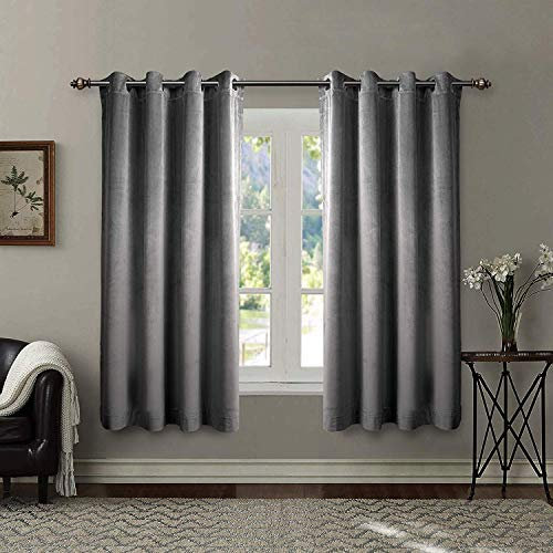 Singinglory Velvet Curtains Pencil Pleat Blackout Curtains 2 Panels with 2 Tiebacks Thermal Eyelet Curtain for Bedroom & Living Room Grey 66x72