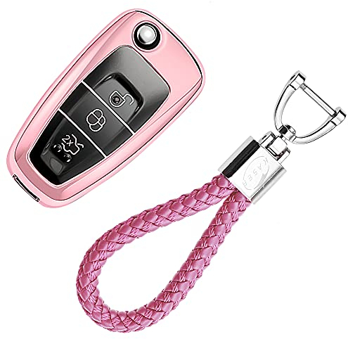 KASER Autoschlüssel Hülle kompatibel für Ford Cover TPU Silikon Hochglanz Schutzhülle Schlüsselhülle Fernbedienung Fiesta Focus Galaxy Fusion Mondeo C-Max Kuga Ecosport Schlüsselbund (Pink)