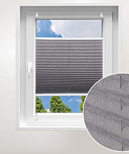 Laneetal Plissee ohne Bohren Klemmfix, Jalousie Faltrollo Crushed Optik, Grau 60 x 100 cm, mit Spannschue für Fenster und Tür, Easyfix klemmträger und verspannt, Sonnen-, Sicht- & Schallschutz
