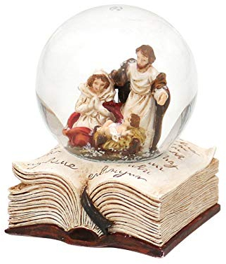 Dekohelden24 Schneekugel mit Heilige Familie auf Buch, Maße H/B/Ø Kugel: ca. 6,5 x 5 cm/Ø 4,5 cm.