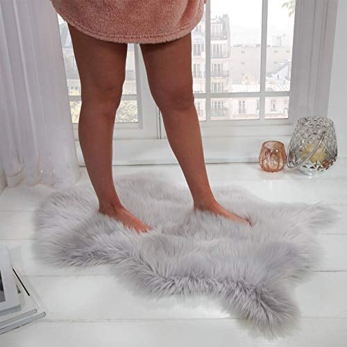 Sienna Faux Sheepskin Fur Fluffy Rug Microsuede Long Pile Carpet Plain Silky Anti-Slip Non-Shed Floor Mat, Silver Grey - 60 x 90cm