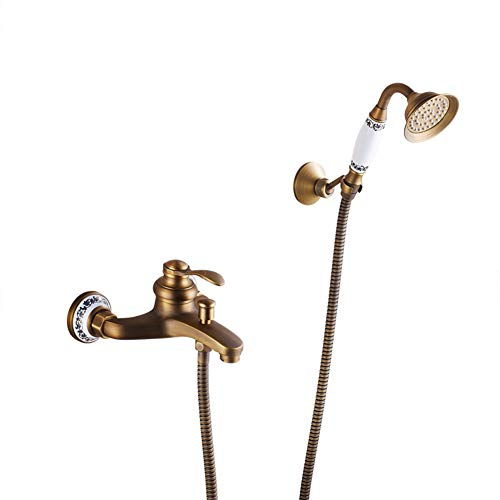 Grifo De Bañera, Grifo De Ducha Con Ducha De Mano, Latón Mezclador Monomando Baño Y Ducha, Incluye Soporte Y Manguera De 150 Cm, Montaje En Pared, Acabado Latón Envejecido