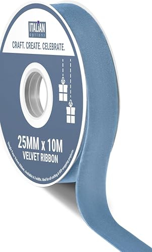 Italian Options Velvet Ribbon, Luxury, Single-Face Velvet Ribbon for Crafting, Christmas, Bows, Hair, Cakes, Weddings, Ornaments, Gift Wrapping, Flowers, 25mm x 10 Metre Roll, Vintage Blue