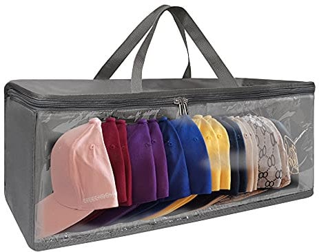 ohihuw Hat Organizer for Closet, 8.6 Width Widened Design, Large Hat Box, Baseball Cap Storage Bag with Carrying Handles & Lid, Solid Structure with Plastic Boards (Dark Gray)