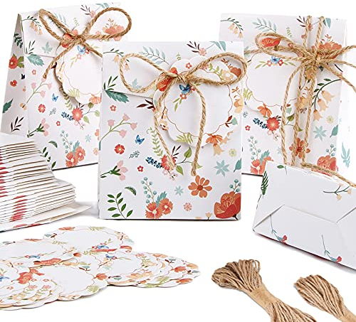 BETESSIN 50 Stücke Geschenkbox Hochzeit Candy Tüten Gastgeschenk Geschenktüten Blumenmuster Geschenktaschen mit Etikett Juteschnur für Hochzeit Baby Shower Geburtstag Partydeko