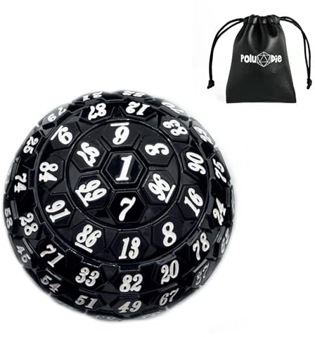 Poludie Dadi poliedrici a 100 lati, dadi da gioco D100 singoli, cubi da 100 facce con custodia nera, dadi D100 da 48 mm (nero con numero bianco)