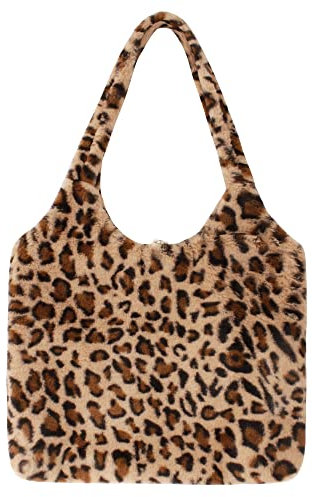 MEGAUK Damen-Tragetasche aus Kunstfell, niedlicher Bär, flauschige Schultertasche, Plüschtasche zum Einkaufen, Verabredungen, leopardenmuster, ONE SIZE