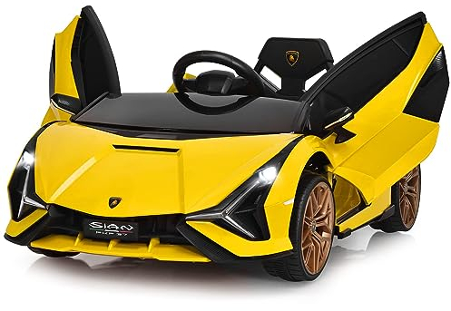 DREAMADE Lamborghini Kinder Elektroauto 12V mit 2,4 Ghz Fernbedienung & Sicherheitsgurt, Kinderauto, Kinderfahrzeug mit Licht & Musik & Hupe, Elektrofahrzeug für Kinder ab 3 Jahre (Gelb)