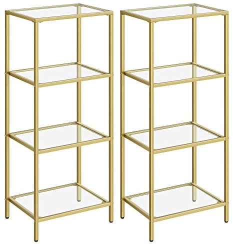 VASAGLE Regal mit 4 Ablagen, 2er Set, Badregal, gehärtetes Glas, einfache Montage, für Badezimmer, Wohnzimmer, Küche, Büro, goldfarben LGT028A01