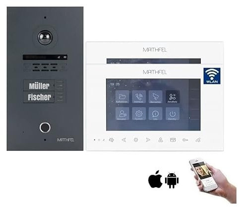 MATHFEL 2 Draht Bus Video 2 Familienhaus Türsprechanlage, Fingerprint mit Bluetooth, Fischaugenkamera 170 ° Außenstation Anthrazit, 1x7'' Monitor mit WLAN + 1x7''Monitor ohne