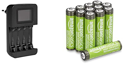 Amazon Basics Piles Rechargeables AAA Haute capacité 850 mAh (Lot de 12) - Pré-chargées & Chargeur de Piles numérique et Intelligent, pour 4 Piles AA, AAA
