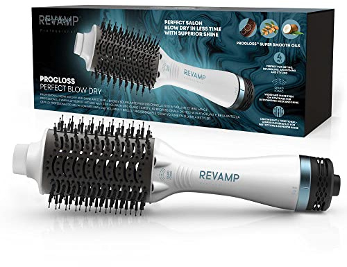 REVAMP Progloss Perfect Blow Dry Air Styler - 4 in 1 Föhnbürste, Rundbürste zum Trocknen, Entwirren, Stylen und Föhnen, Salon-Profi Warmluftbürste, leichte Handhabung - Amazon Exklusiv, Weiß