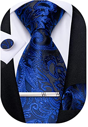 DiBanGu Seiden-Paisley-Blumen-Krawatten-Set für Herren, gewebt, für Hochzeiten, Krawattenklammer, Taschentuch, Manschettenknöpfe, Königsblaues Blumenmuster, Einheitsgröße
