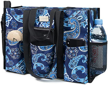 TOPDesign Utility Water Resistant Tote Bag with 13 Exterior & Interior Pockets, Top Zipper Closure & Thick Bottom Support, for Working Women, Teachers, Nurses, Accountants (Blue Bandanna)