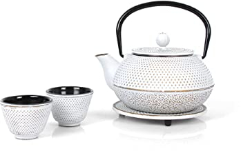ECHTWERK Service à thé en fonte, théière 0,8 L avec passoire amovible, théière avec soucoupe, set de théières au design vintage pour la préparation de thé en vrac, crème