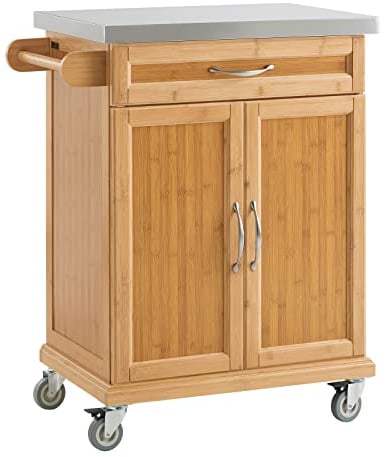 SoBuy Servierwagen mit Arbeitsplatte, Küchenwagen auf Rollen, Kücheninsel aus Bambus, Rollwagen mit Stauraum, Küchenregal stehend, Grilltisch für Küche, Wohnzimmer, Outdoor – 66x92x46 cm, FKW13-N