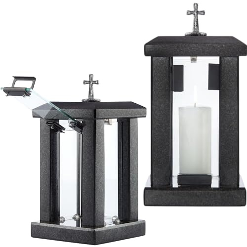 Large Square Granite Memorial Lantern with Cross – H 22.6 (32cm) Black Graveside Tribute Memory – Funeral Gift, Cemetery Grave Ornaments, Candle Decoration for Graveyard, Garden or Home Use