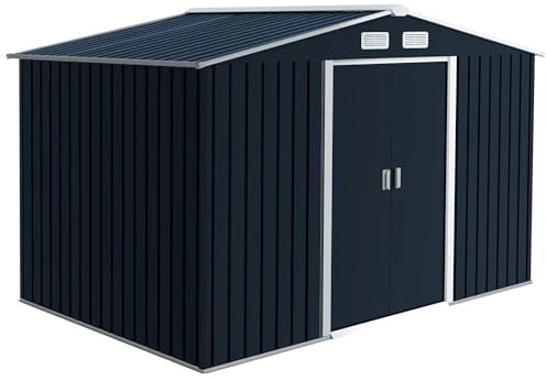 Outsunny Caseta de Jardín Exterior 4,9 m² 277x195x192 cm Cobertizo de Jardín Exterior con Puerta Corredera Techo Inclinado Base Refuerzo (Suelo NO Incluido) y 4 Ventanas Gris Oscuro