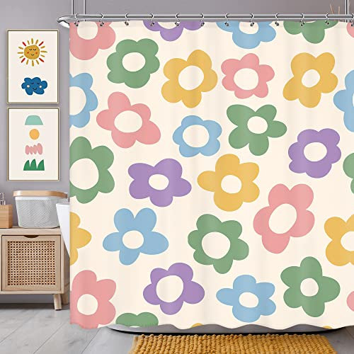 Newsely Graziosa tenda da doccia con fiori retrò per bagno, 183 x 182 cm (larghezza x altezza), colori pastello danese, colorata, vintage, floreale, bella tenda da doccia per ragazze e donne,