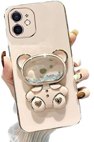 Rnrieyta Miagon Bär Spiegel Ständer Hülle für iPhone 11,Cute Mädchen Dünn Treibsand Glitzer Galvanisierte Schutzhülle Weiches Case Bumper mit Spiegel Halter Kickständer