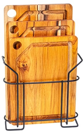 Erreke Schneidebrett Set, Schneidebretter Holz, Holz Schneidebretter, 3er-Set Teakholz-Schneidebretter Echtholz, Wendbar und in Verschiedenen Größen, Inklusive Ständer, Holzbrett Küche, Saftrille