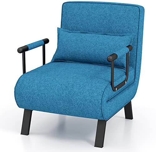 RELAX4LIFE Folding Sofa Bed, 4-in-1 Convertible Lounge Recliner Sleeper with 6-Position Adjustable Backrest and Removable Pillow, Upholstered Single Sofa Chair Guest Bed for Home Office (Blue)