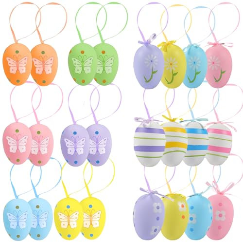 Funmo Bunte Ostereier zum Aufhängen, 24 Stück Ostereier Kunststoff, Ostereier für Innen und Außen Osterdeko, Osterstrauchdeko, Ostern Deko mit Tollen Oster-Motiven