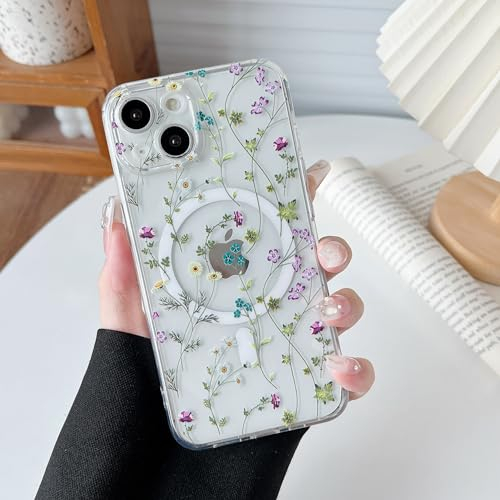 RALEAVO Magnetic Case for iPhone 14, Compatible with Magsafe Cute Flower Girls & Women Clear Case Silicone Shockproof Protective Cover with Floral Pattern Case for iPhone 14-Branches