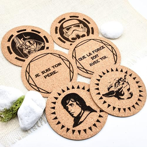 Lot de 6 dessous de verre en liège avec citation drôle au choix, idée cadeau fête des pères, saga guerre des étoiles, dark vador, yoda, 10cm