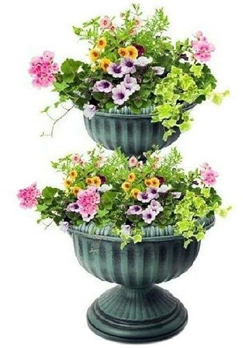 Faboer 2 Tier Planter Display Flowers/Plants Antique Effect Stable Base Outdoor Garden Patio Decking Balcony Indoor Decor Pots (Green)