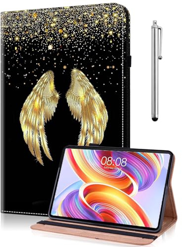 Hülle für Amazon Fire HD 10 Tablet (9. Gen 2019 & 7. Gen 2017) mit Stylus, Fire HD 10 2019/2017 Hülle Ständer, PU Leder Wallet Cover Case mit Kartenschlitz -Goldene Flügel