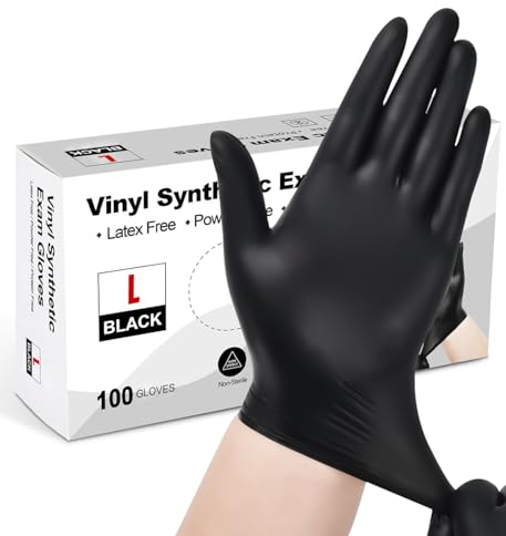 PROMART Black Vinyl Disposable Gloves - Powder and Latex Free Medical Exam Gloves, Black, Industrial Grade, Non-Sterile, Food Safe, Disposable Gloves, Cooking & Cleaning, Box of 100 (500, LARGE)