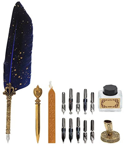 ANKROYU Quill Pen Set, Dip Calligraphy Pen Set, Retro Smoothing Writing Feather Pen Caligraphy Pen Kit with Multiple Replacement Nibs (Blue)