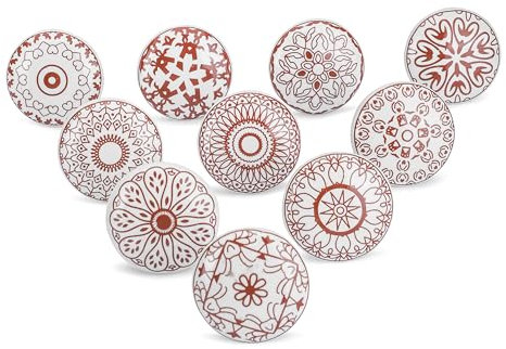 Ajuny 10er Set Keramikknöpfe Rot Weiß Bedruckt für Schranktüren Schubladen und Möbelgriffe für Küchenschränke Badezimmer Kommoden Truhen Handgefertigte Dekorative Griffknöpfe aus Keramik