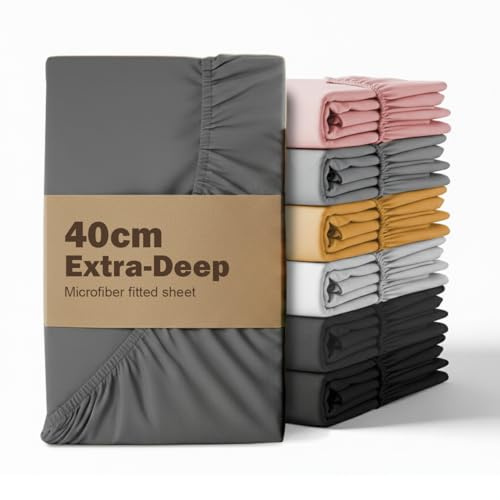 REHAN & CO King Size Fitted Sheets Charcoal Extra Deep Pocket 16 Inch (40 Cm) Super Soft 100% Brushed Microfiber Kingsize Fitted Bed Sheets (152x200cm)