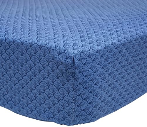 Drap Housse imprimé en Bambou, Camille, 160 x 200 cm, Origin, Bleu Marine