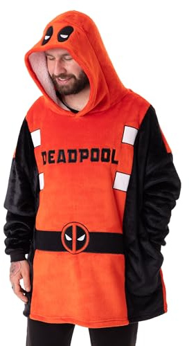 Marvel Deadpool Unisex tragbarer Decken-Hoodie | Pullover fur Erwachsene in Rot und Schwarz mit Deadpool-Maskenaugen auf der Kapuze