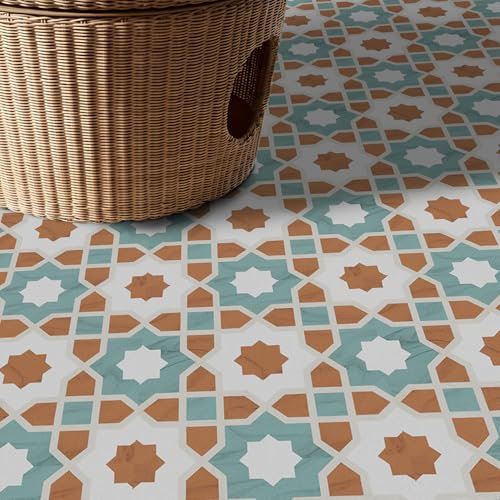 Alwayspon 12Pcs 30cmx30cm Blue and Orange Retro Waterproof Vinyl Flooring Self Adhesive Floor Tiles Sticker Peel and Stick Vinyl Flooring Planks for Kitchen Living Room and Bathroom Floor, PTF73