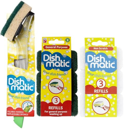 Fillable Washing up Brush and Sponge - Easy Grip Dish Cleaner - with 3X General Purpose Brush Refills and 3X Non-Scratch Refills