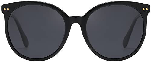 DUCO Retro Sonnenbrille Damen Polarisierte Runde Sonnenbrille Vintage UV400 Schutz Acetat Rahmen DC2340 (Schwarz Rahmen Grau Linse)