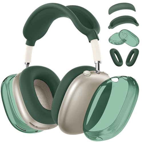 [4 in 1] Silicone Case Cover for AirPods Max,Clear Soft TPU Ear Cups Cover/Ear Pad Case/Headband Covers for AirPods Max (2024/2020),Transparent Accessories for Apple AirPod Max (USB-C),Dark Green