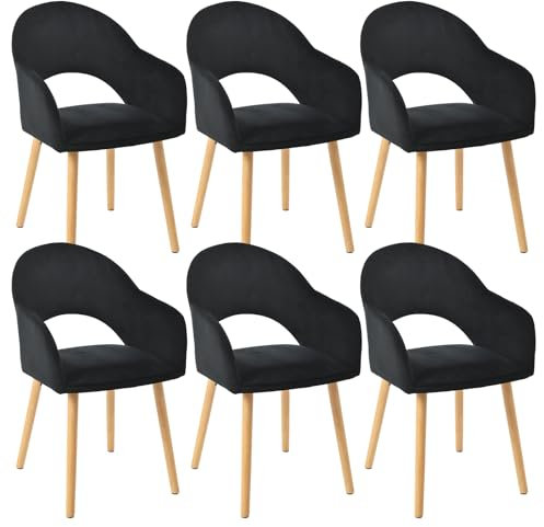 Goeurvant Lot de 6 chaises de Salle à Manger, rembourrées, Pieds en Bois, avec accoudoirs, siège en Velours, pour Cuisine, Salle à Manger, Cuisine, Noir