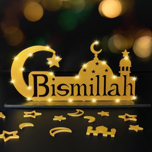 Bismillah Deko, Bismillah Freistehendes Tischschild, Ramadan Dekoration Islam Deko, Bismillah Tischdeko, Alhamdulillah Deko,Bismillah Tischständer mit LED-Umgebungslicht, Islamische Dekoration