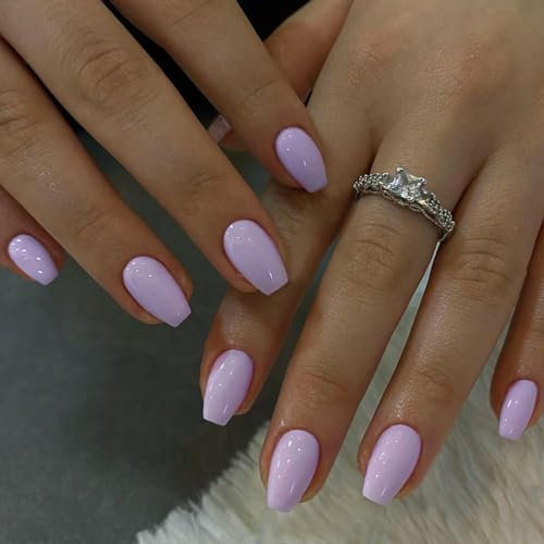 KQueenest Acrylic Press on Nails Short Medium Coffin, Lilac False Nails Short Ballerina, Glossy Natural Solid Color Fake Nails Set, Reusable Gel Stick on Nail for Women Finger Daily Wear 24 Pcs