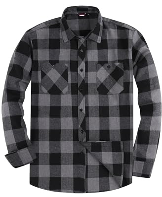 JupiterSecret Mens Flannel Shirt Classic Checked Shirt Mens Casual Button-Down Shirts Long Sleeve for Daily Wear Grey