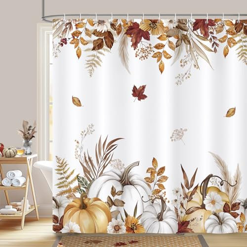 Bonhause Duschvorhang Herbst Kürbis Ahornblätter Erntedankfest Braun Duschvorhänge 180 x 180 cm Anti-Schimmel Wasserdicht Polyester Stoff Waschbar Bad Vorhäng für Badzimmer mit 12 Haken