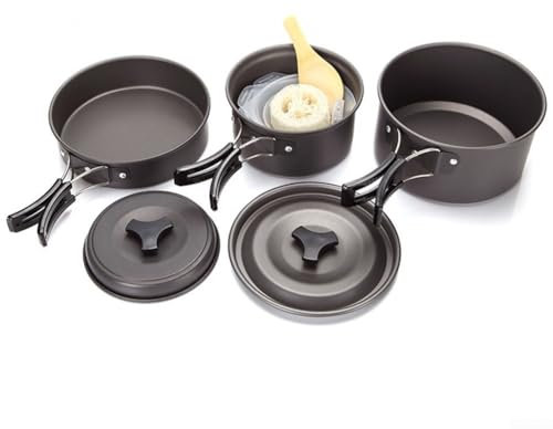 Batterie de cuisine de camping portable en alliage d'aluminium anti-adhésif complet avec casseroles, poêles, bols, ustensiles pour 2 à 3 personnes, randonnée, pique-nique