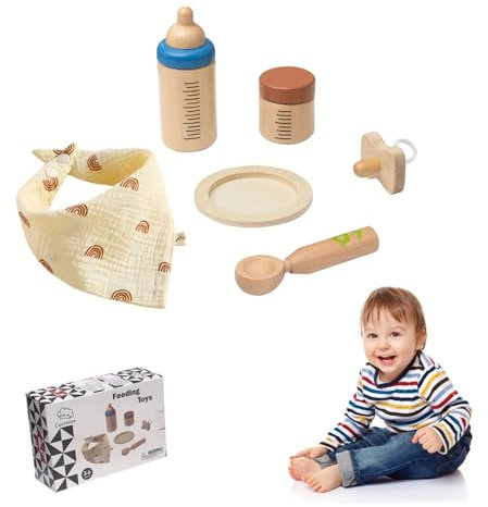 Pesoncarl Baby Doll Feeding Set Realistic Wooden Baby Doll Feeding Accessories with Spoon, Section Plate, Milk Bottle and More, Accessories for Playing House Toy, Toys